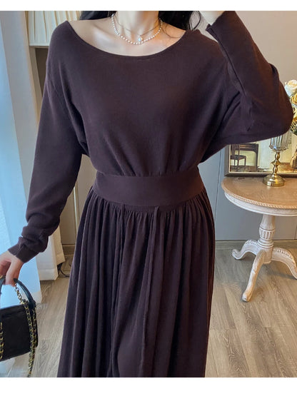 French Socialite Lazy Style Round Neck Long Sleeve Loose Knitted Top Elastic High Waist A-line Pleated Skirt Two-piece Set Women