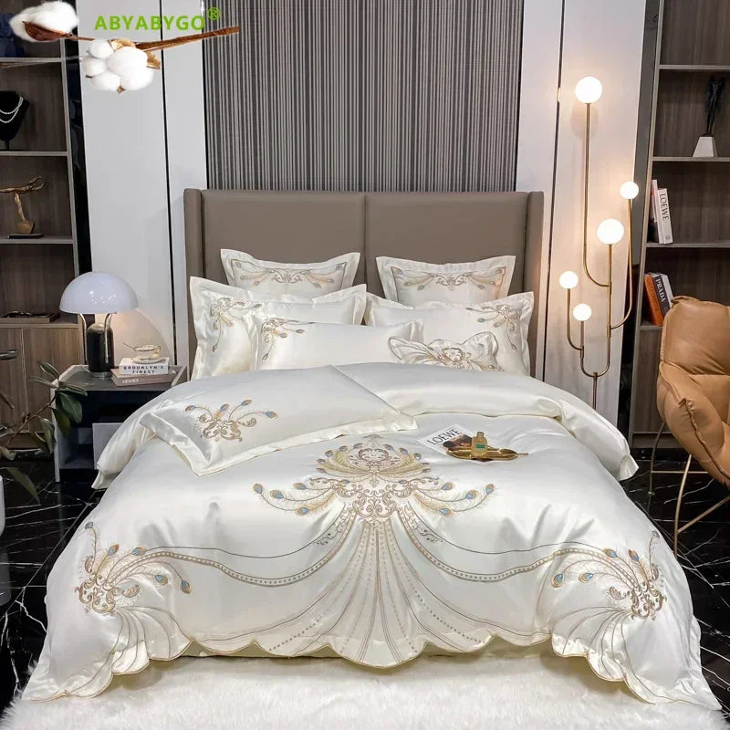 Nordic Bedding Set Luxury Gold Feather Embroidery 100 Egyptian Cotton Double Duvet Cover Bed Sheets and Pillowcases Bed Set