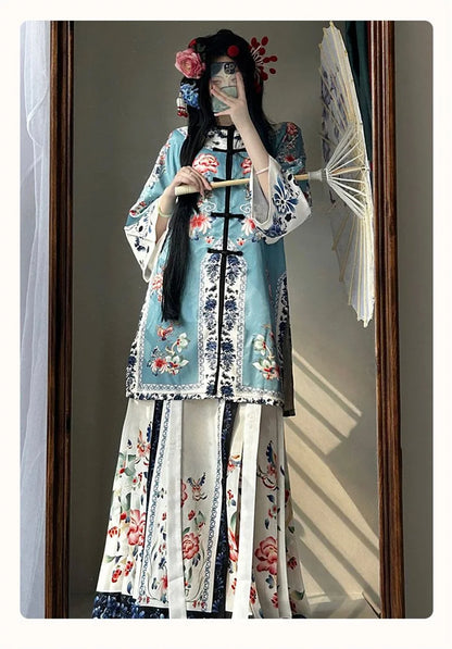 Original Qing Han Women Restoration Hanfu Double breasted Ethnic Clothing Heavy Industry Printed Horse Face New Qing Dynasty Set