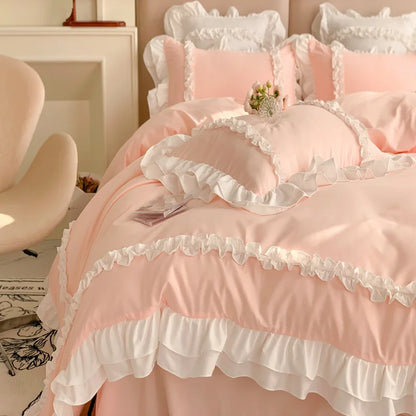 Elegant Lace Bedding Sets Luxury Bed Linen Princess Washed Cotton Ruffle Duvet Cover Bed Sheet and Pillowcases for Girl Luxury