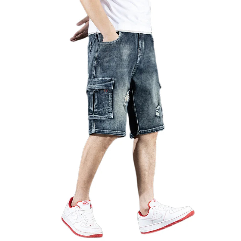 Summer New Jeans Men's Trendy Brand Piercing 5 Shorts Men's Loose Multi Pocket Work Pants Men's Outdoor Clothing