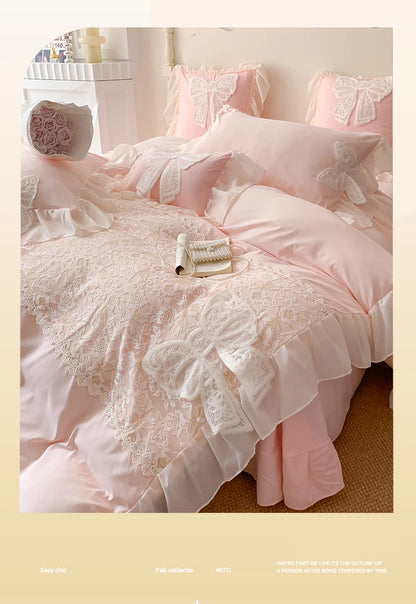 Korean Princess Bedding Set Coquette Lace Bow  Beauty Solid Color Lace Ruffle Comforter Sets Luxury Girls Wedding  Duvet Cover