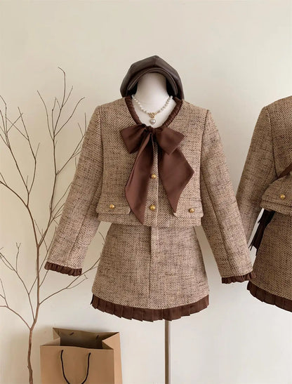 2023 autumn winter Vintage Tweed Two Piece Set Women Short Jacket Coat + Skirt Suits Korean 2 Piece Sets Women Outfit clothing