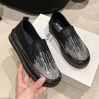 2025 New High Quality Women's Water Diamond Casual Shoes Shiny Flat Vulcanized Shoes Luxury Designer Thick Bottom Casual Shoes