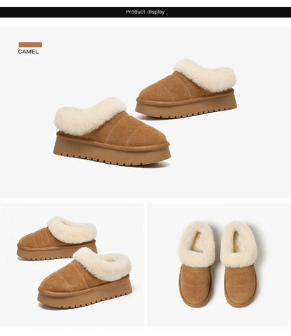 BEAUTODAY Furry Slippers Women Cow Suede Round Toe Winter Warm Plush Slip-on Ladies Concise Flats Shoes Handmade 22818