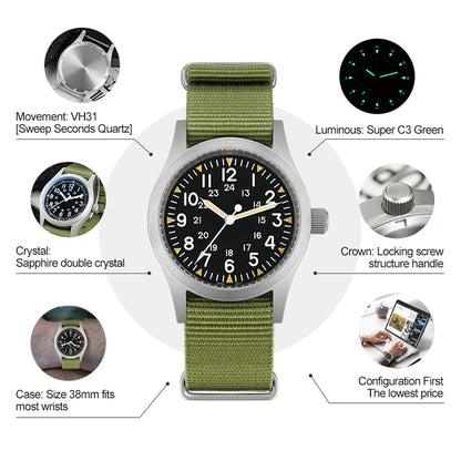 Militado ML05 38mm Men Watch VH31 Quartz Military Watches Domed Sapphire AR Coating 100m Waterproof Stainless Steel Wristwatch