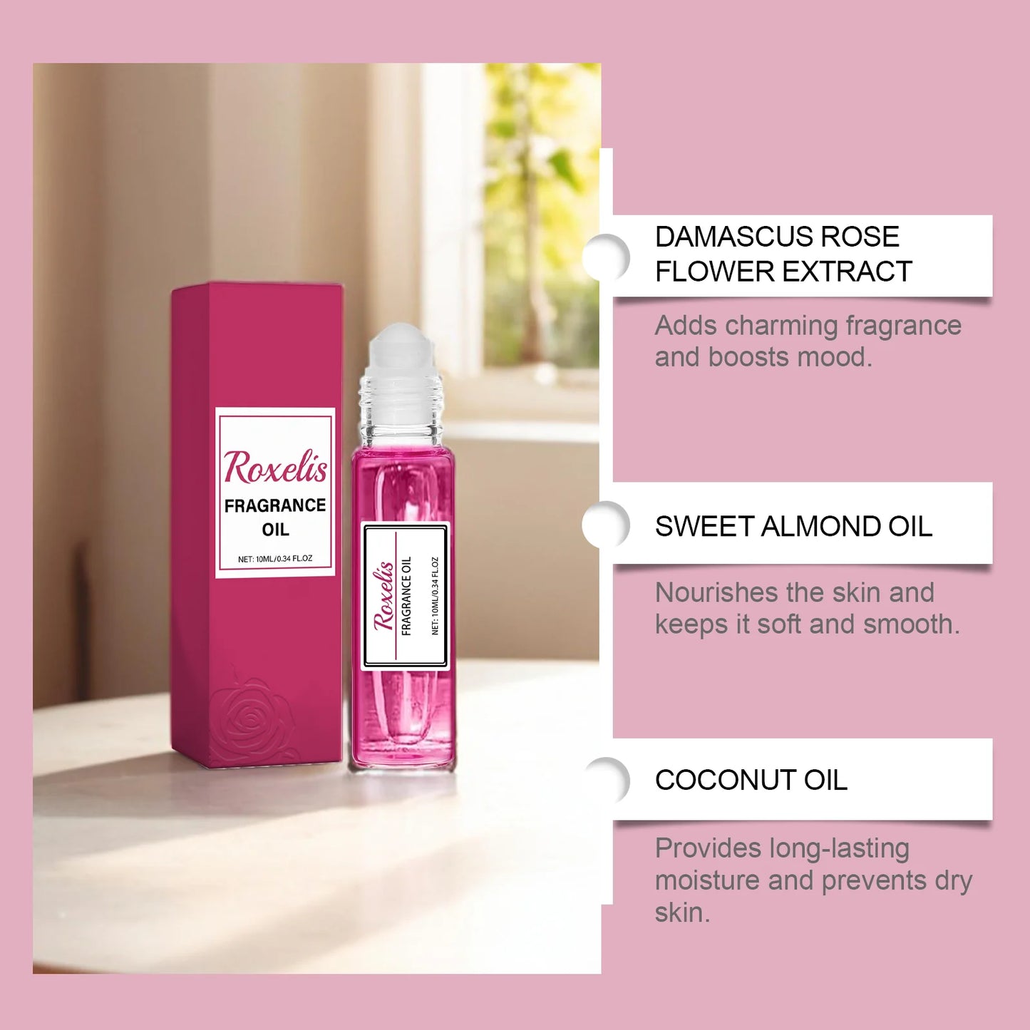 ROXELIS Rose Fragrance Oil Ball Bearing Perfume Women Pheromone Perfume Long-lasting Cologne for Women to Attract Men