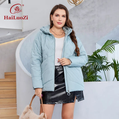 HaiLuoZi 2023 New Plus Size Women Clothing Short Hooded Quilting Female Outwear Classic Design Lightweight Women's Jacket 5529