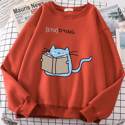 Females Sweatshirts Love Studing Cute Cat Printed Tops Womens Korean Fashion Oversize Sweater Kawaii Animal 2022 New Lady Hoodie