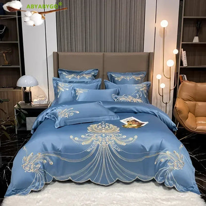 Nordic Bedding Set Luxury Gold Feather Embroidery 100 Egyptian Cotton Double Duvet Cover Bed Sheets and Pillowcases Bed Set