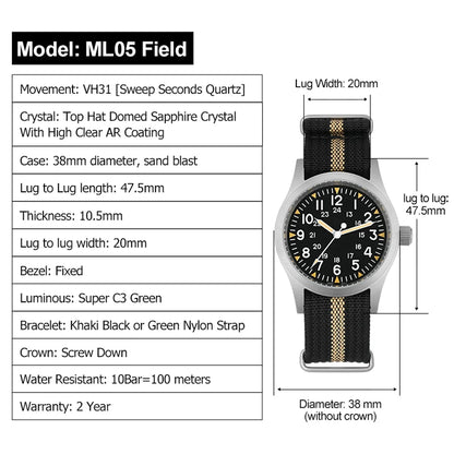 Militado ML05 38mm Men Watch VH31 Quartz Military Watches Domed Sapphire AR Coating 100m Waterproof Stainless Steel Wristwatch