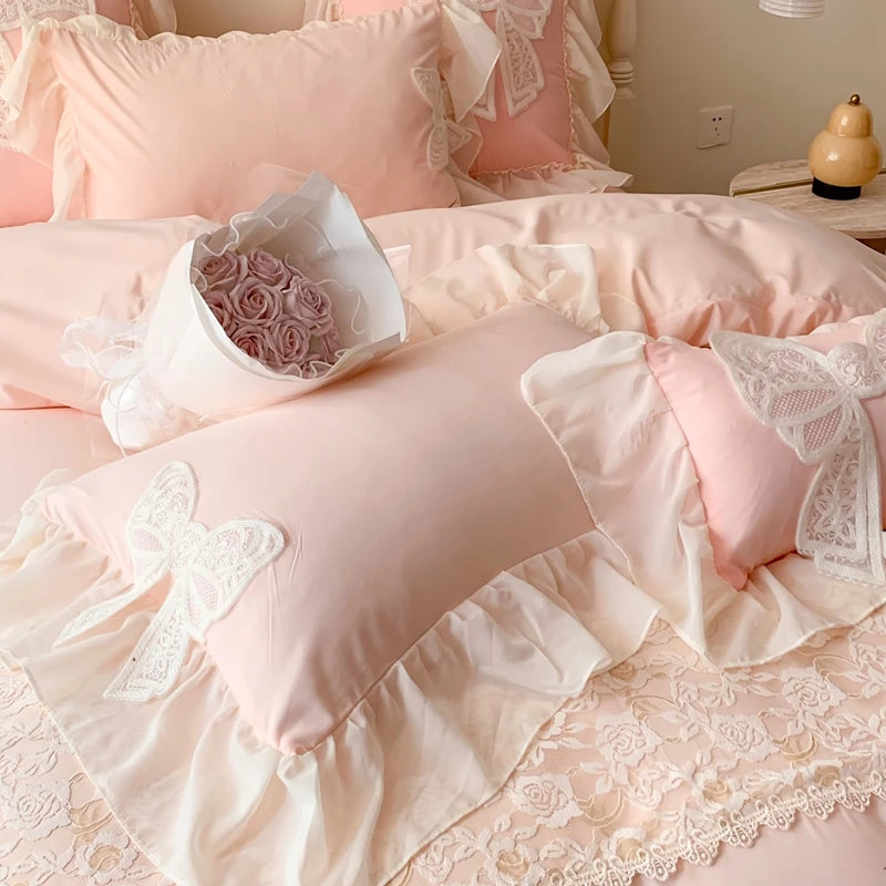 Korean Princess Bedding Set Coquette Lace Bow  Beauty Solid Color Lace Ruffle Comforter Sets Luxury Girls Wedding  Duvet Cover