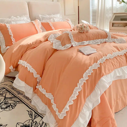 Korean Ins Bedding Set, Luxury Quilt Cover, Pillowcase Flat Bed Sheets, Simple Girl Princess Ruffle Home Textiles