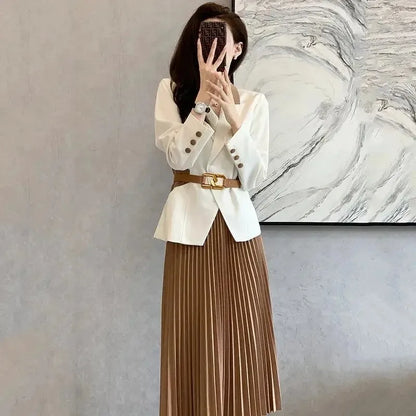 Pleated Skirt 2 Pieces Sets for Women Office Woman Outfit Midi Suits Jacket Y2k Streetwear Summer Clothes 2024 Stylish Korea