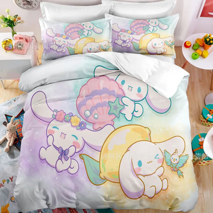 Cartoon Sanrio Duvet Cover Set Kawaii Cinnamoroll Quilt Cover Pillowcase Set Kids Girls Comfortable Bed Set Full Twin King Size