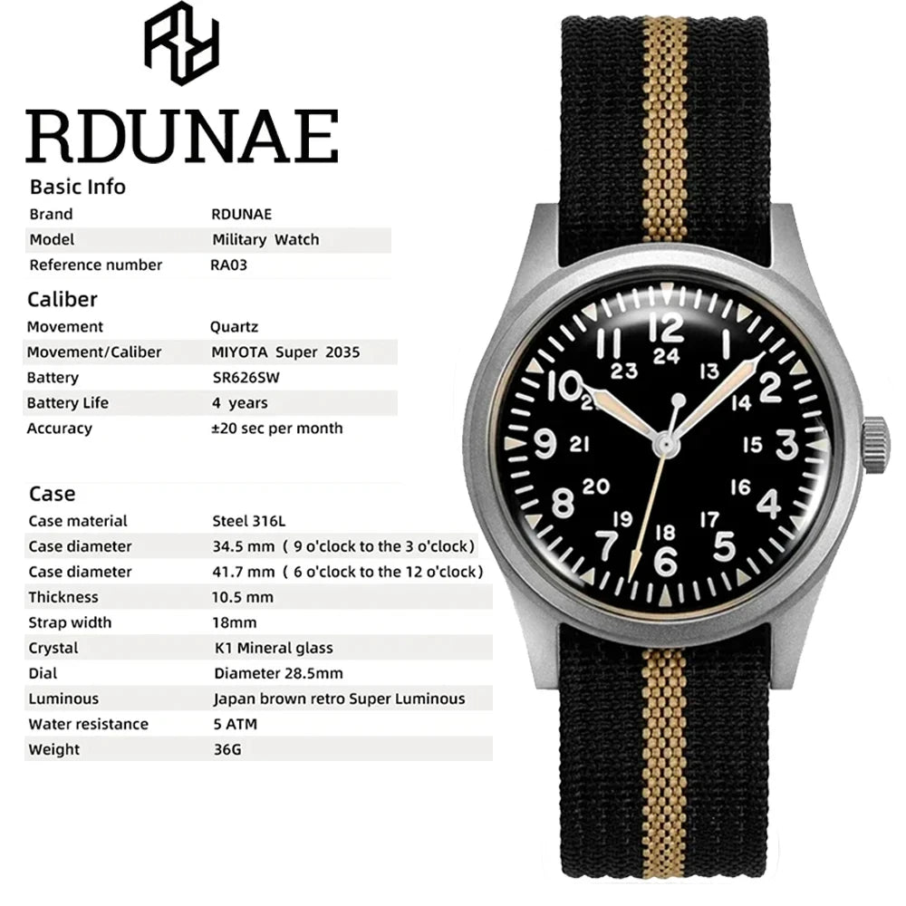 RDUNAE 34.5mm 2024 New Top Quartz Watches For Men Retro G10 Military Miyota 2035 Movemen Watches Mineral relogios masculino