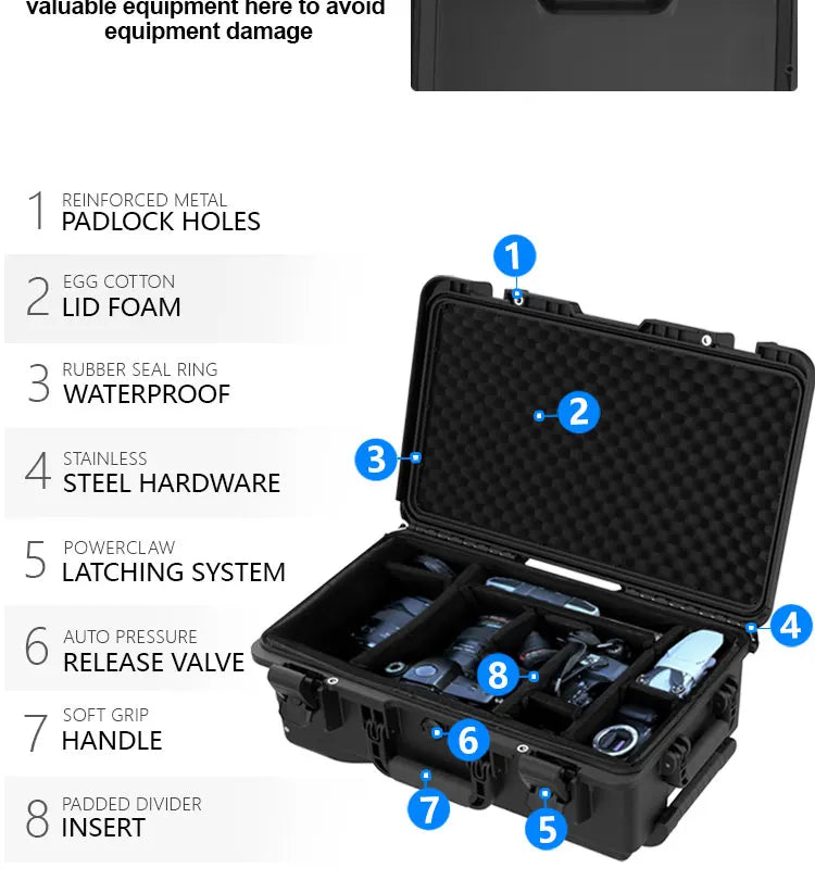 Waterproof Hard Case - Protective Roller Camera Case with Foam, Shock and Water Resistant, Padded Divider Available