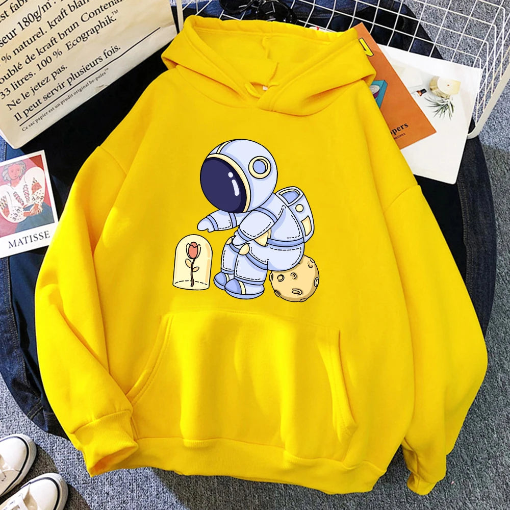 Funny Astronauts Protecting Flowers Pattern Female Clothes Fashion Warm Hooded Loose Casual Hoodies Fleece Pocket Women Pullover