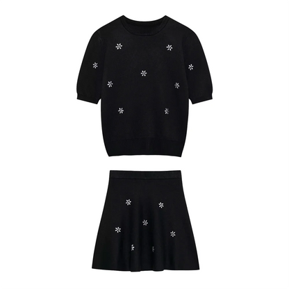 2024 RARA Autumn/Winter New Product: Nail Punch Flower Decoration Round Neck Short Sleeve Knitted Top Half Skirt Set