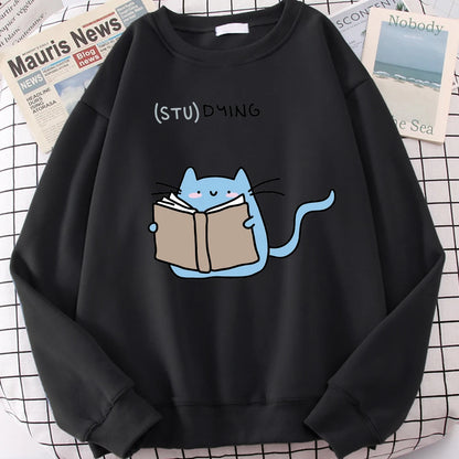 Females Sweatshirts Love Studing Cute Cat Printed Tops Womens Korean Fashion Oversize Sweater Kawaii Animal 2022 New Lady Hoodie