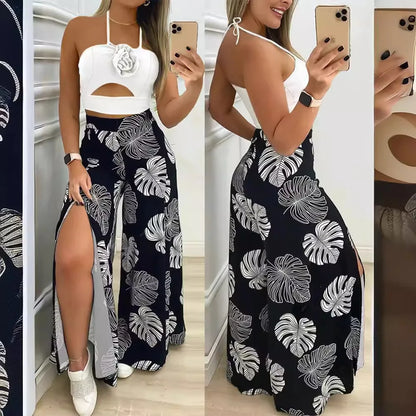 Women's 2pcs Clothing Set Halter Top Sleeveless Cami Tanks Slit Floral Leaves Printed Skirt Suit Summer