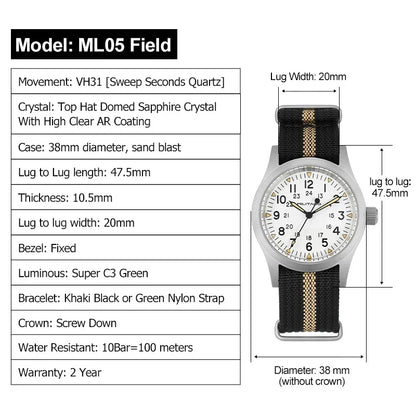 Militado ML05 38mm Men Watch VH31 Quartz Military Watches Domed Sapphire AR Coating 100m Waterproof Stainless Steel Wristwatch