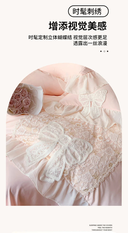 Korean Princess Bedding Set Coquette Lace Bow  Beauty Solid Color Lace Ruffle Comforter Sets Luxury Girls Wedding  Duvet Cover