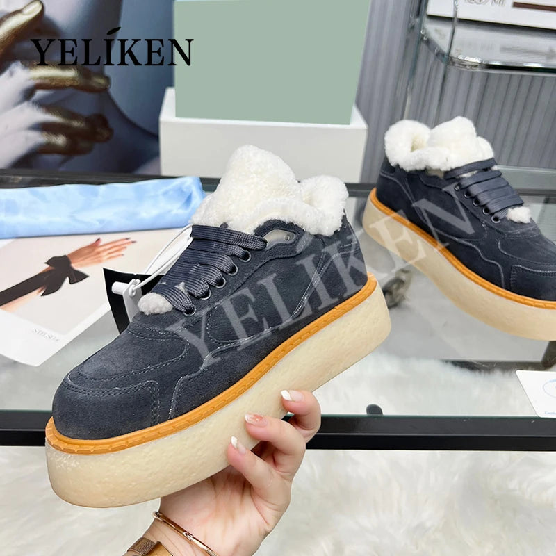 2024 Winter Trend Woman Wool Chunky Casual Shoes Ladies Lace-up Platform Cotton Shoes Slip-On Cow Suede Women Shoes Large Size