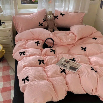 Princess Bowknot Bedding Set Pink Duvet Cover Bed Flat Sheet Girls Solid Color Bed Linens Washed Cotton Bedclothes Single Double