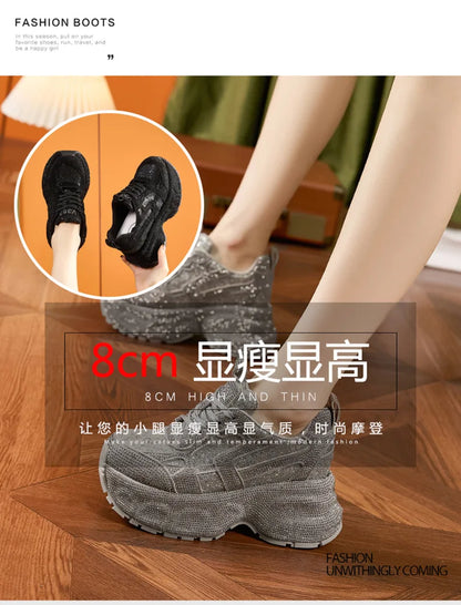 Women's Rhinestone Shoes Autumn Fashionable and Versatile Inner Height Increasing Women's Shoes Thick-soled Casual Sports Shoes