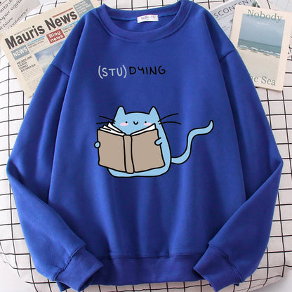 Females Sweatshirts Love Studing Cute Cat Printed Tops Womens Korean Fashion Oversize Sweater Kawaii Animal 2022 New Lady Hoodie