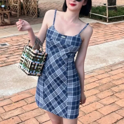 Dress Sets Women Plaid Sleeveless Chic Hip-covering Korean Fashion Sweet Spicy Girls Streetwear Summer Popular Trendy Outfits