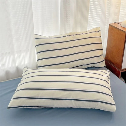 Pure Cotton Home Textile Blue Striped Bedding Set Simple Soft Duvet Cover Sheet Pillowcase Ins Style Bed Linens Queen King Size