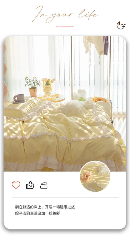 Korean Ins Bedding Set, Luxury Quilt Cover, Pillowcase Flat Bed Sheets, Simple Girl Princess Ruffle Home Textiles