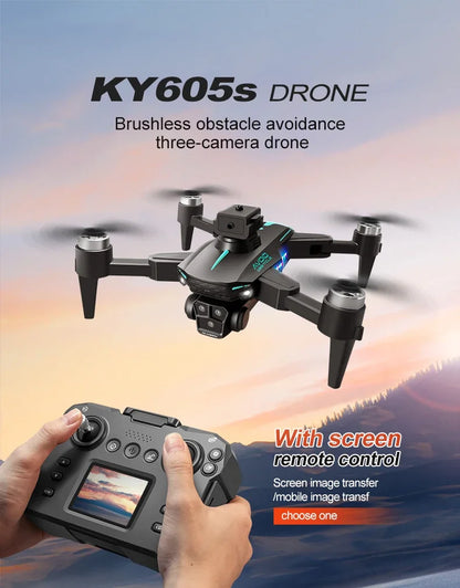 2024 New KY605S Screen Control Drone With Display Screen Obstacle AvoidanceThree Camera HD Aerial Photography Dron Toys Gift