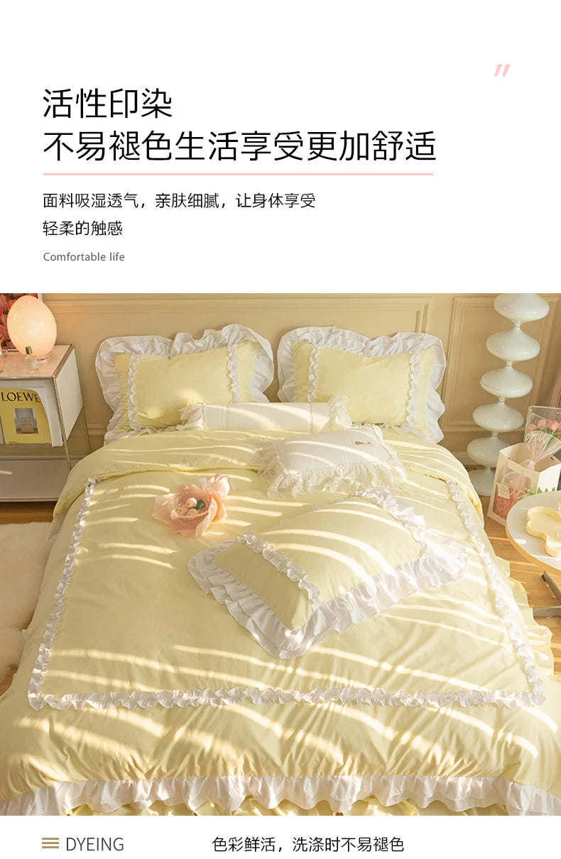 Korean Ins Bedding Set, Luxury Quilt Cover, Pillowcase Flat Bed Sheets, Simple Girl Princess Ruffle Home Textiles