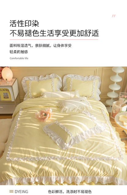 Korean Ins Bedding Set, Luxury Quilt Cover, Pillowcase Flat Bed Sheets, Simple Girl Princess Ruffle Home Textiles