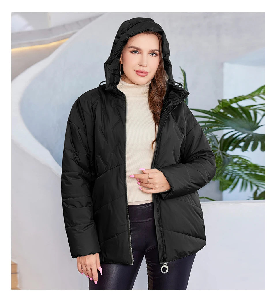 HaiLuoZi 2023 New Plus Size Women Clothing Short Hooded Quilting Female Outwear Classic Design Lightweight Women's Jacket 5529