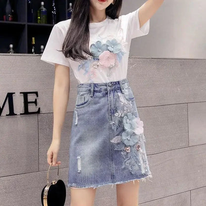 Kawaii Sequin Short Sleeve Skirt Woman Outfit Denim 2 Pieces Sets for Women Lightly Cooked Korea Luxury Designer Clothing Co Ord