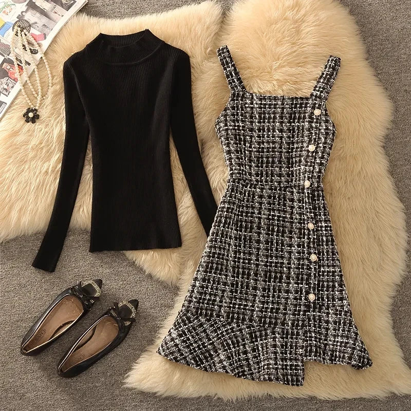 Autumn Winter Women Graceful Pink Tweed Vest Dress Sweater 1 or 2 Piece Set Asymmetric Overall Tank Dresses Knit Tops Outfits