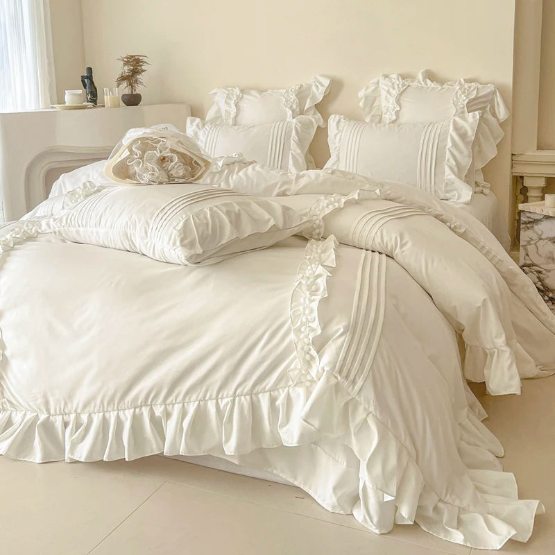 Korean Princess Style Lace Ruffles Bedding Set Solid Color Duvet Cover Set Flat/Fitted Bed Sheet Pillowcases With Pillowcases