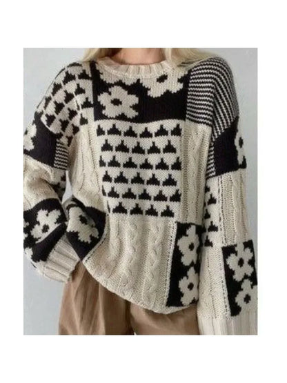 Plus Size Women's Knitted Sweater Apricot Oversized Square Flower Autumn Winter Clothing for Women Simple Loose Fashion