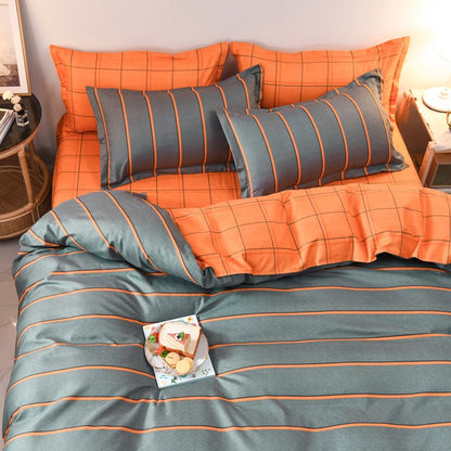 Striped Grey Duvet Cover Twin Queen Size Reversible Neutral Orange Plaid Quilt Cover Geometric Bedding Set Microfiber 3 Pcs Set