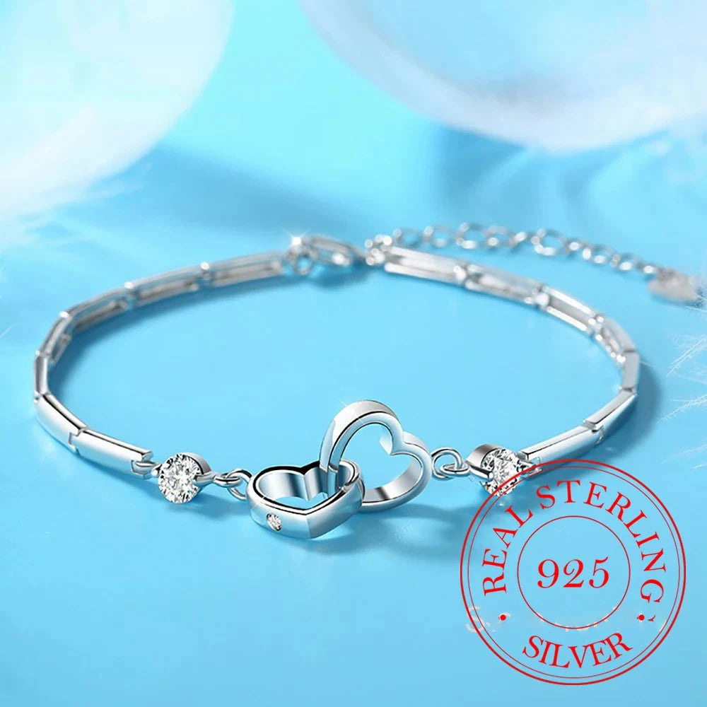 925 Sterling Silver Bracelets Bangles Charms Heart for Women Valentine's Days Cubic Zircon Wedding Love Couple Jewelry