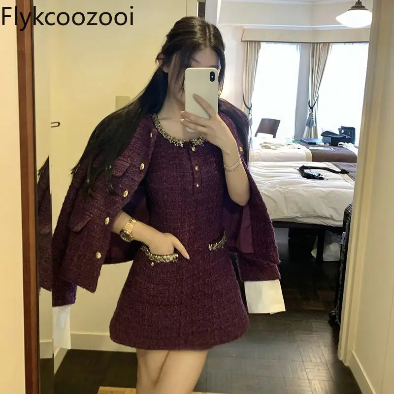 Fashion Popular Tweed Coat + Sleeveless Short Dress Two Pieces Sets of French Temperament High-grade Blazer Mujer