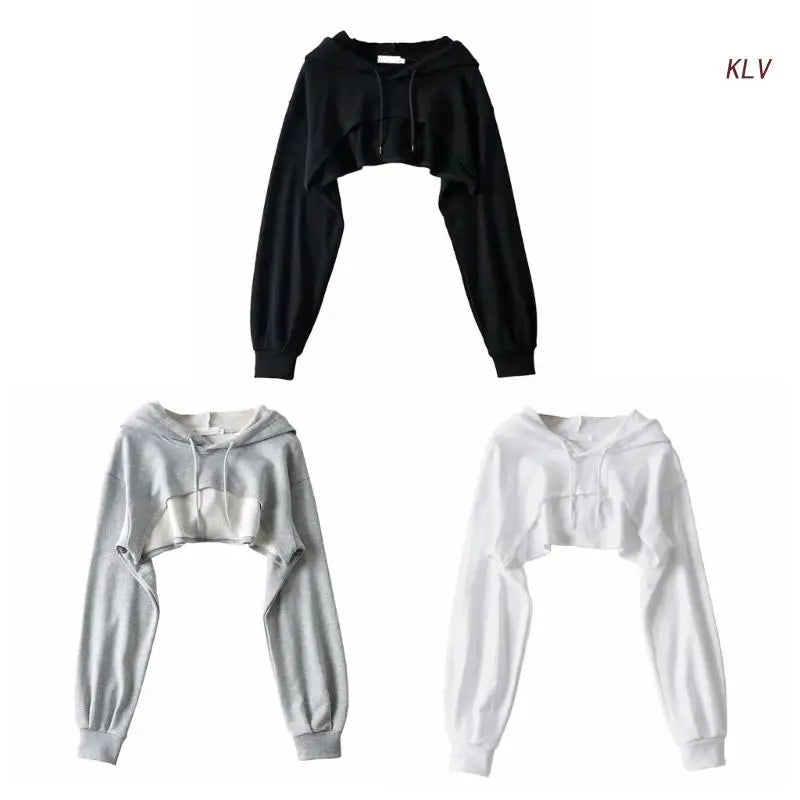 Womens Long Sleeve Cropped Hoodies Sweatshirt Aesthetic Punk Hip-Hop Dance Plain Sexy Rave Cutout Loose Super Crop Top