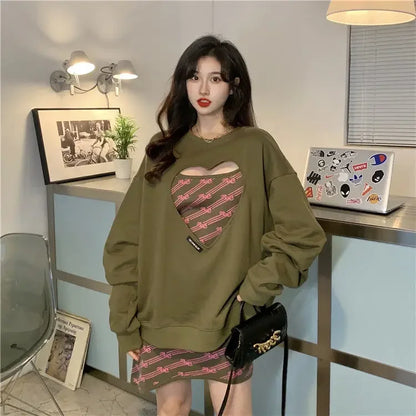 Women Clothing 2022 Spring Autumn Women Fashionable Heart Hollow Out Long Sleeve Hoodie Dress Casual Sweet Women Two Piece Set