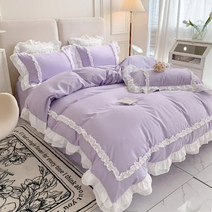 Elegant Lace Bedding Sets Luxury Bed Linen Princess Washed Cotton Ruffle Duvet Cover Bed Sheet and Pillowcases for Girl Luxury