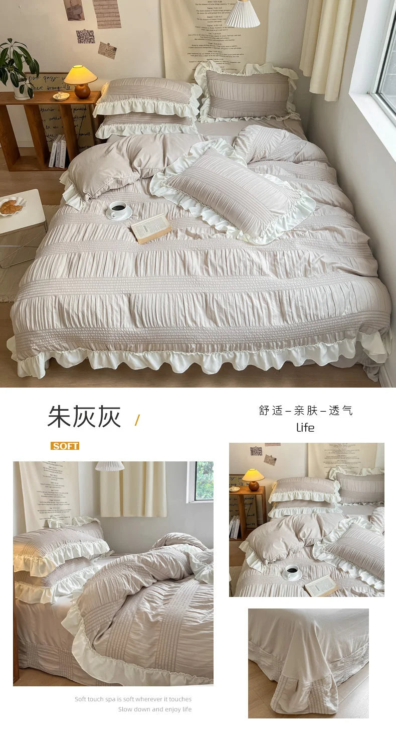 Ins Style Korean Bedding Set Lace Seersucker 4-piece Bed Sheet Set Quilt Cover Solid Duvet Cover For Girl Spring Decor Home