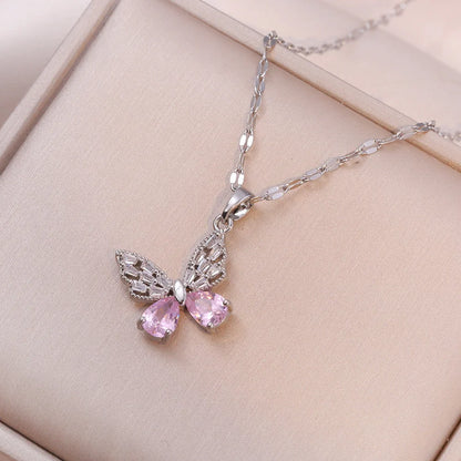 Colorful Zircon Butterfly Pendant Necklaces for Women Girls Stainless Steel Trendy Romantic Jewelry Accessories Gifts